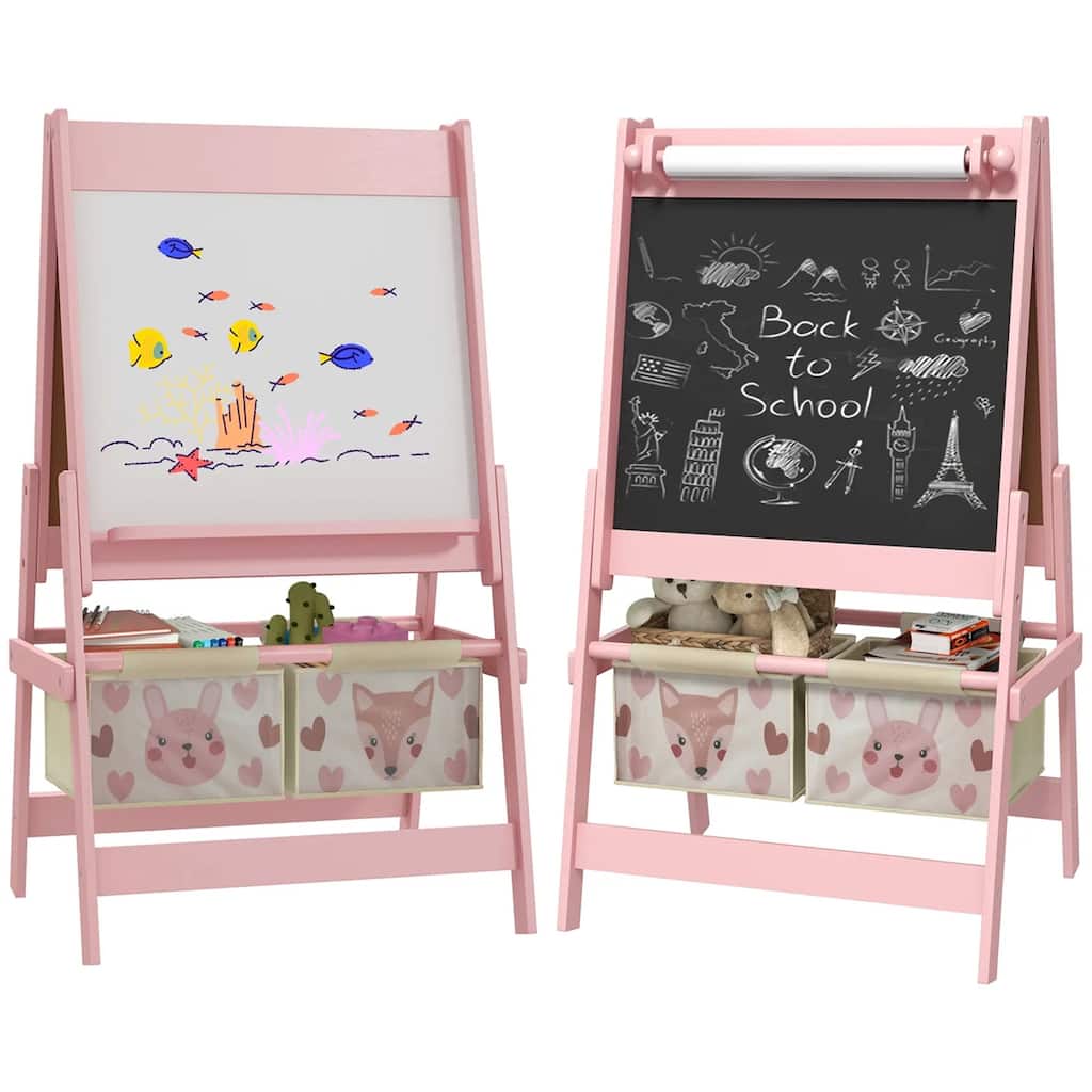 3-in-1 Kids Art Easel with Chalkboard Whiteboard Paper Roll Storage Baskets Animal Design for Toddlers Ages 3-8 Pink
