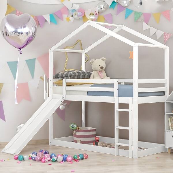 slide 2 of 13, Friendly Playhouse-inspired Style Twin Over Twin Bunk Bed with Roof, Slide and Ladde White