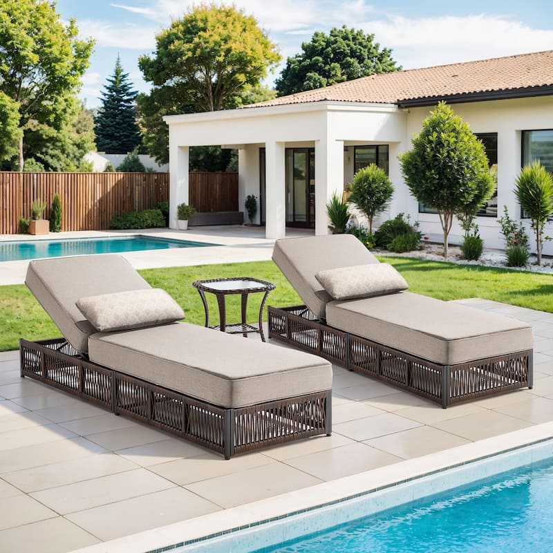 ArcoBay 3-Piece Brown Wicker Outdoor Patio Chaise Lounge with 5-Inch Thick Cushions and Side Table - Beige