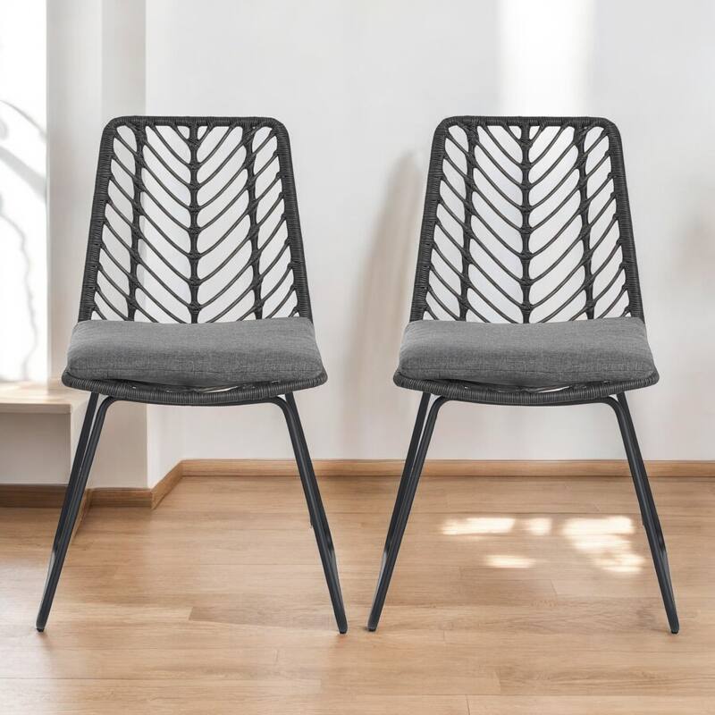 2-Piece Outdoor Dining Chair Set with Water-Resistant Cushions, Gray Rattan & Iron Frame - Gray