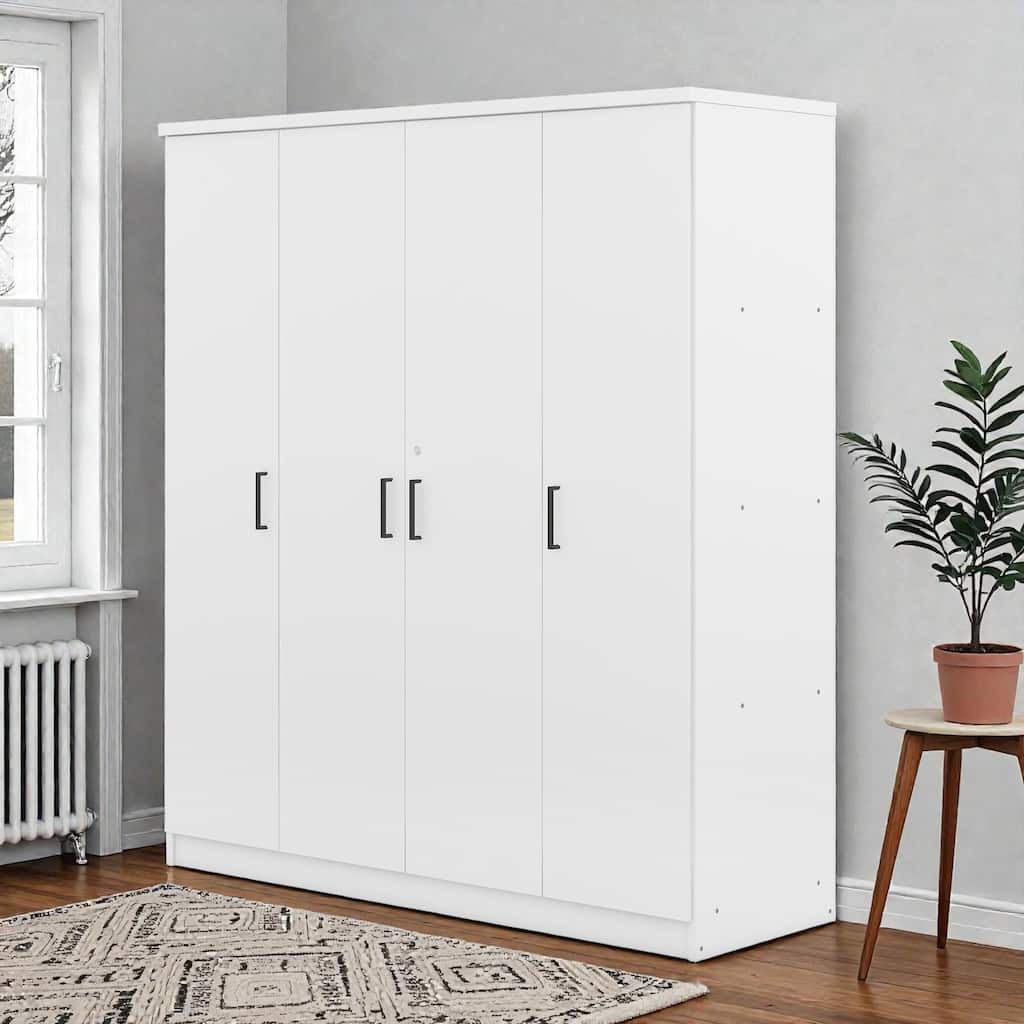 4 Door Wardrobe Closet with Drawer and Hanging Rail, Modern MDF Bedroom Armoire Storage Cabinet