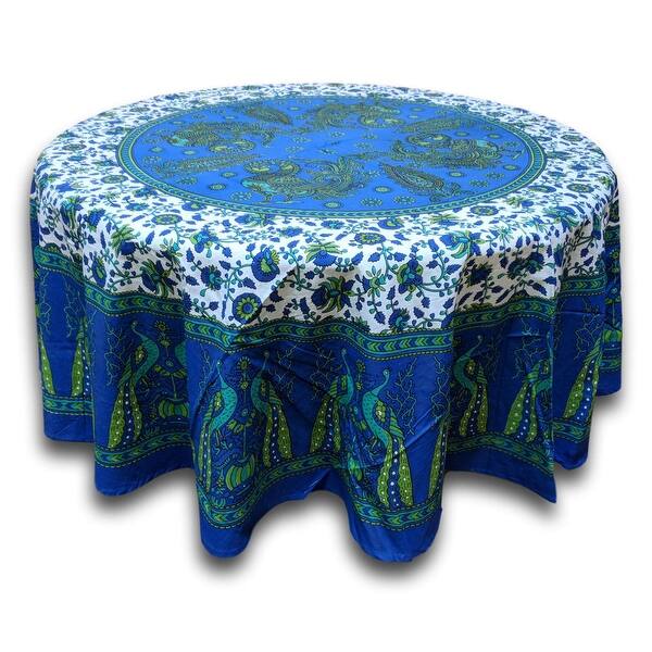 Cotton Peacock Floral Tablecloth Round Blue Green Red Tan On Sale Overstock 12126781 Blue 72 Inches Round