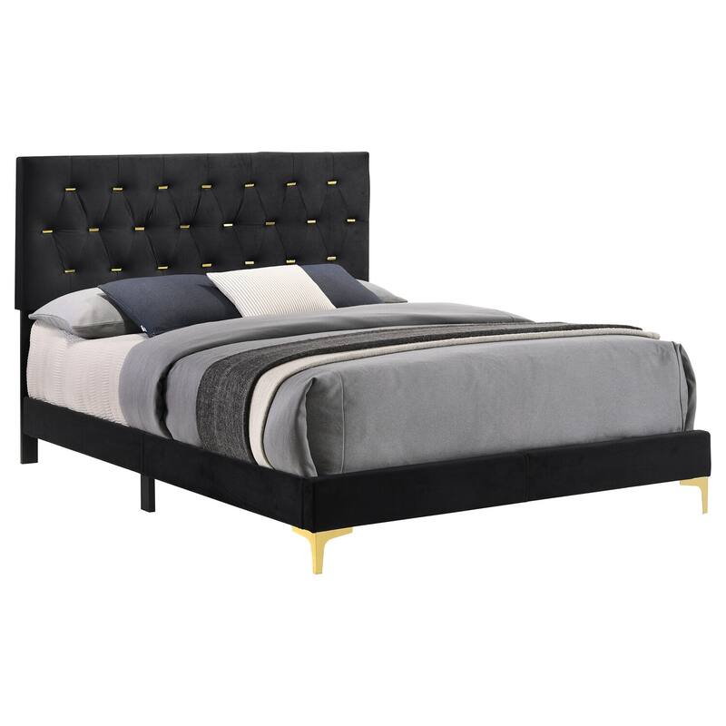 Velvet Panel Bed - Black & Gold Tufted Headboard - Eastern King Size Bed Frame