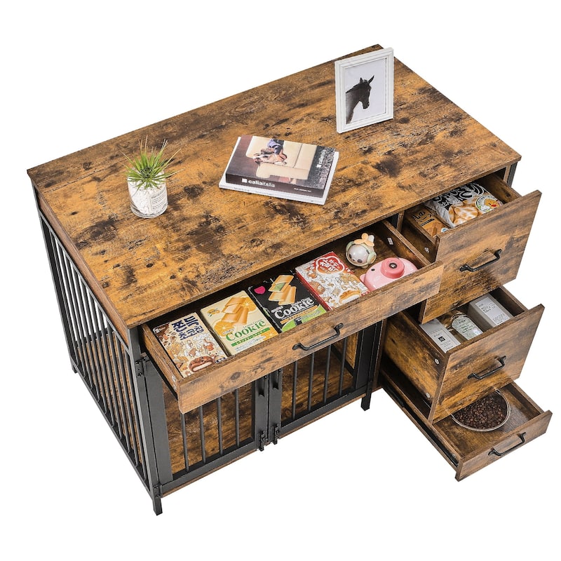 43.3" Wooden Dog Kennel Furniture End Table with 4 Drawers, Wood Pet House Dog Cage Dog Crate
