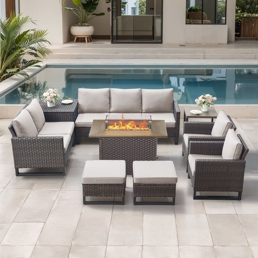 Gymojoy 7-9 Person All-Weather Wicker Outdoor Conversation Set Seating Group With Fire Pit Table