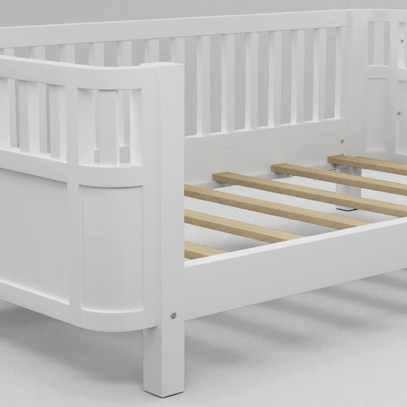 Twin/Full Size White Wood Platform Bed for Kids with Guardrails, Low Profile Toddler Bed Frame for Boys and Girls