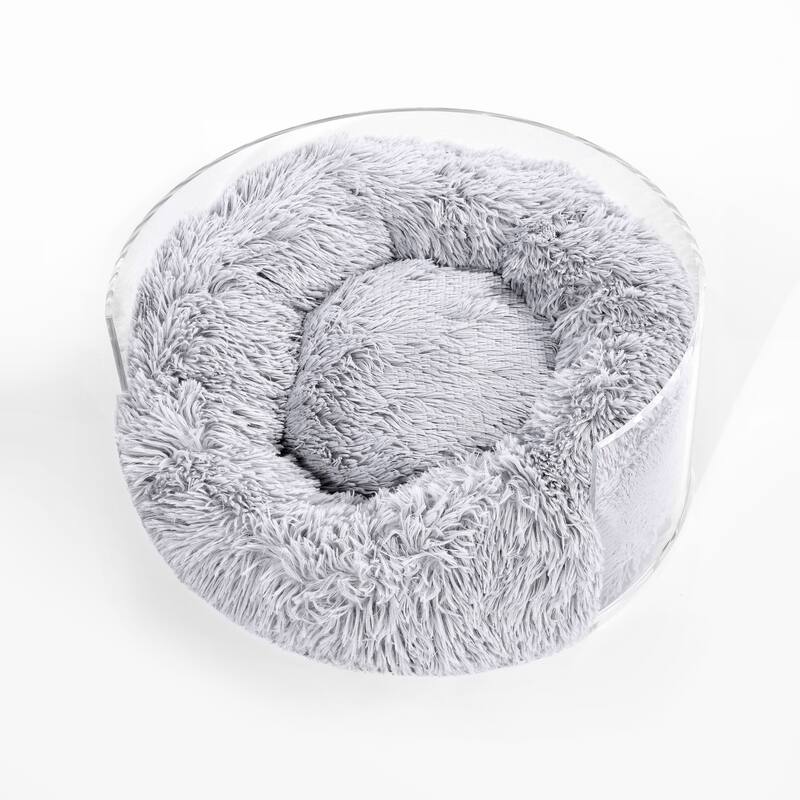 Bette 20.75" x 20.75" Small/Medium Modern Lucite Calming Fluffy Donut Pet Bed with Washable Cover, Light Gray/Clear - Light Gray/Clear