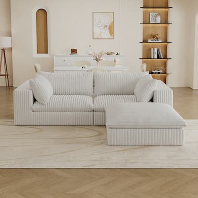 Corduroy Loveseat & Ottoman Set, L-shaped Sectional Sofa with Double-layer Seat Cushions, Modular Chaise Lounger Couch