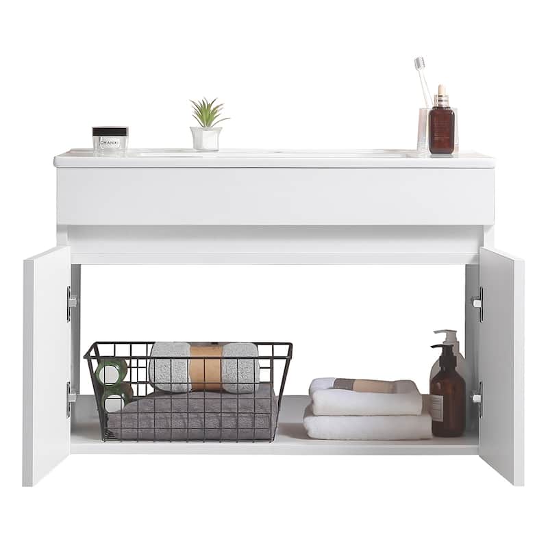 36"Wall Mounted Bathroom Vanity with White Ceramic Basin,Two Soft Close Cabinet Doors,Solid Wood,Excluding faucets