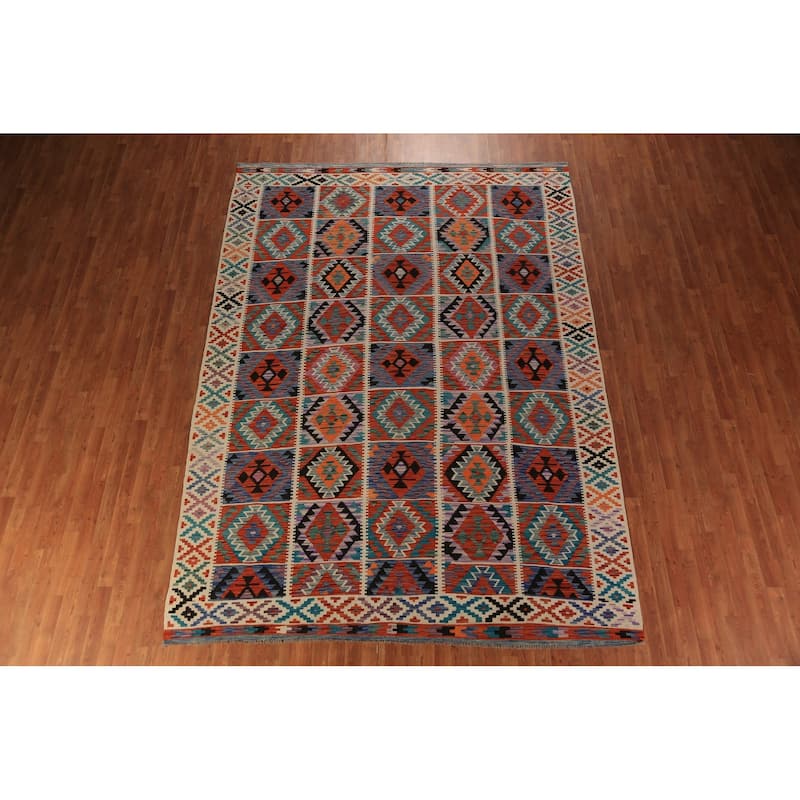 Geometric Kilim Oriental Area Rug Hand-Woven Multi-Color Wool Carpet - 8'4"x 11'6"