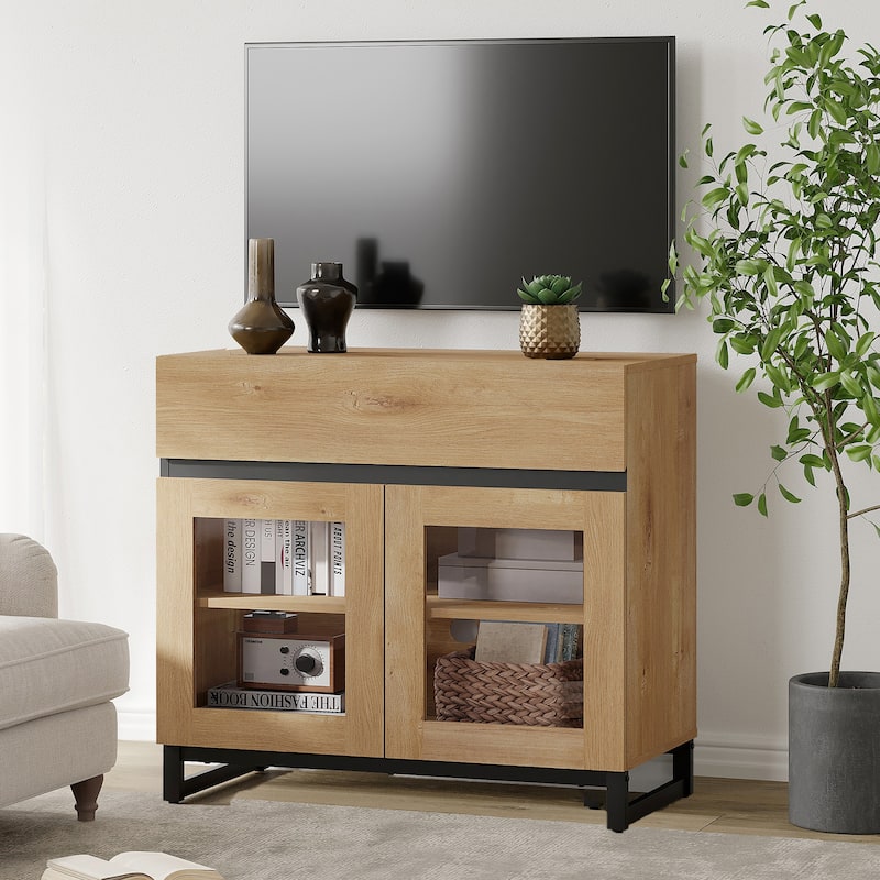 WAMPAT Modern TV Stand with Glass Doors for 110 inch TVs, Entertainment Center Console with 3 Drawers and Metal Base