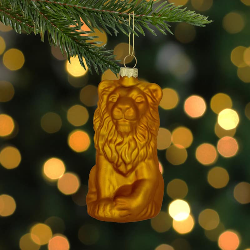 Sitting Lion Glass Christmas Ornament - 2.5" - Gold