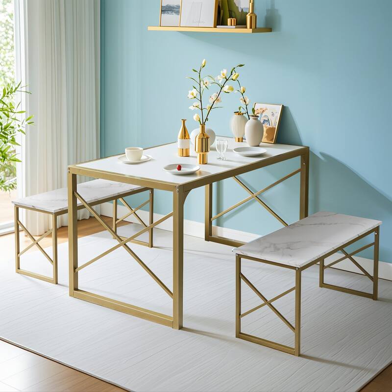 44.3" Dining Table with Benches Kitchen Table set for 4 Rectangular Dining Room Table Set with 2 Metal Wood Benches
