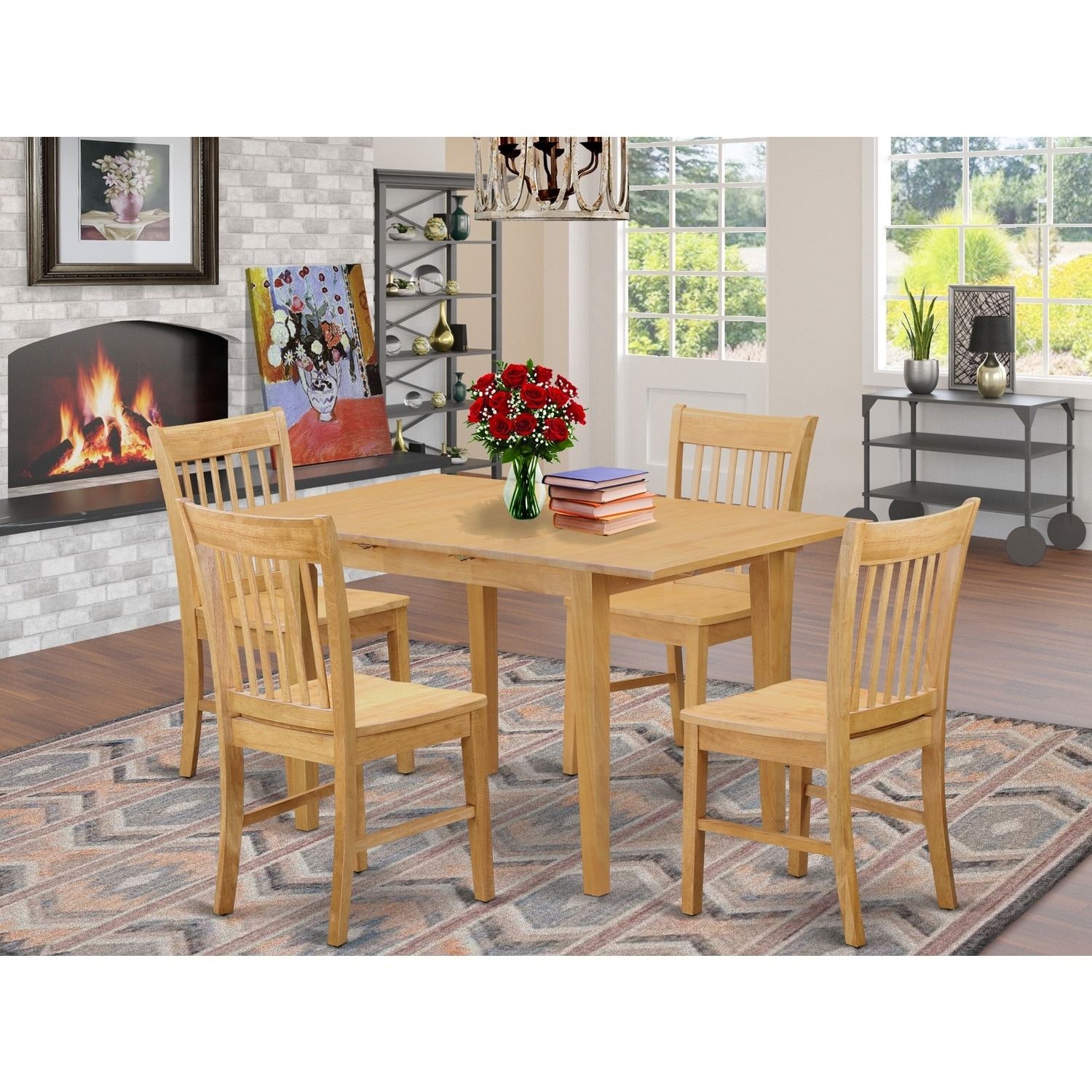 HomeStock 5-Piece Rectangle Natural Oak Finish Solid Wood Top Dining table with 4 Chairs
