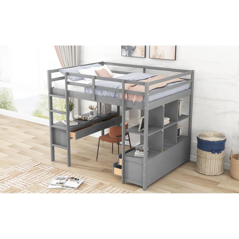 Full Size Pine Wood Loft Bed with Built-in Desk, Drawers, and Storage