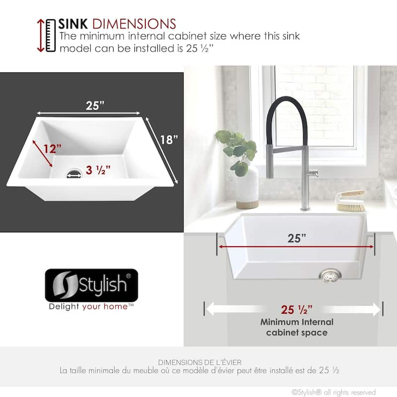 STYLISH 25 inch Single Bowl Dual Mount Composite Granite Utility Sink