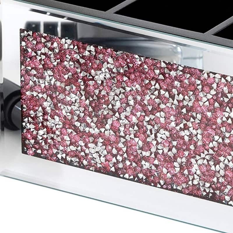 7" Pink And Silver Mirrored Glass Three Section Jewelry Organizer With Faux Crystals