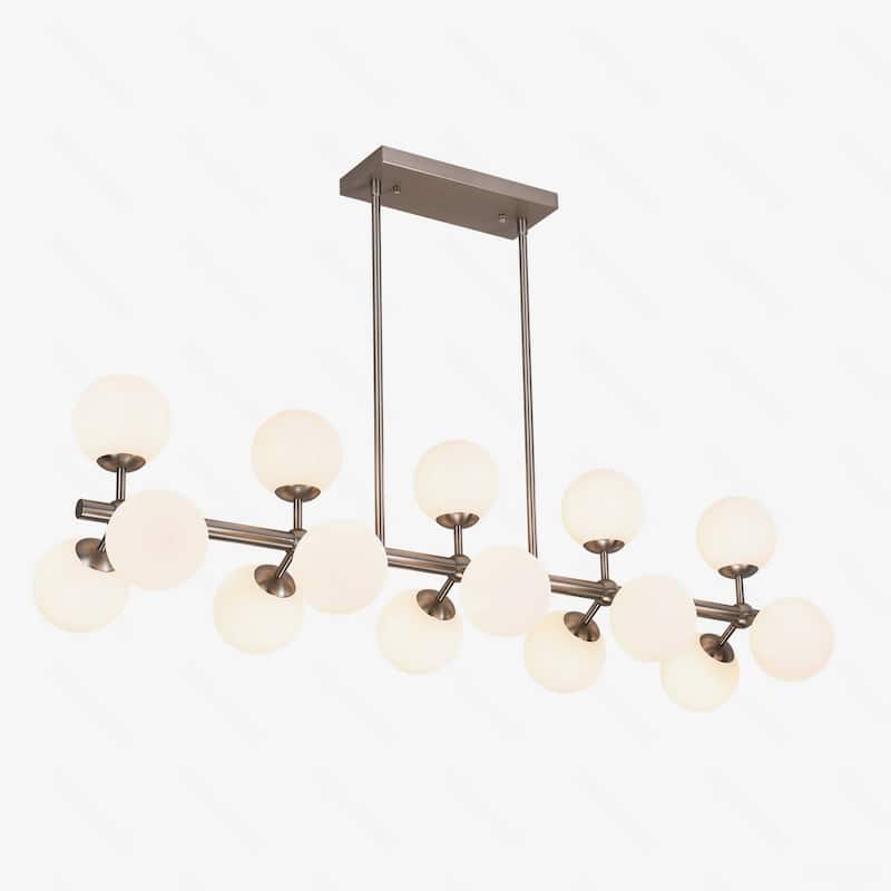 44in W Linear Mid Century Modern Chandelier 15 Light Gold Brass Sputnik Pendant Light with Frosted Glass Globe for Dining Room