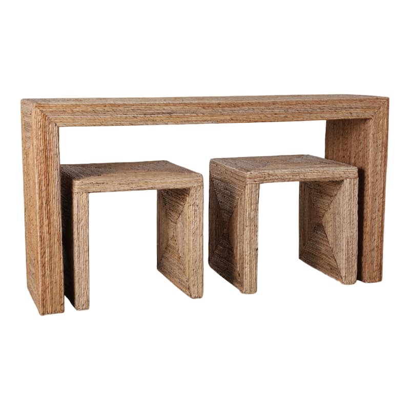 Handcrafted Woven Console Table with Side Tables - 55", Brown & Tan - 55.0"