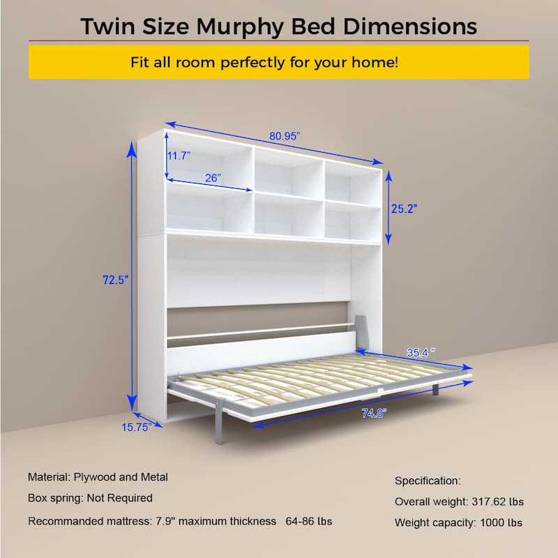 Mordern Design Twin Size Horizontal Murphy Bed with Shelf Storage
