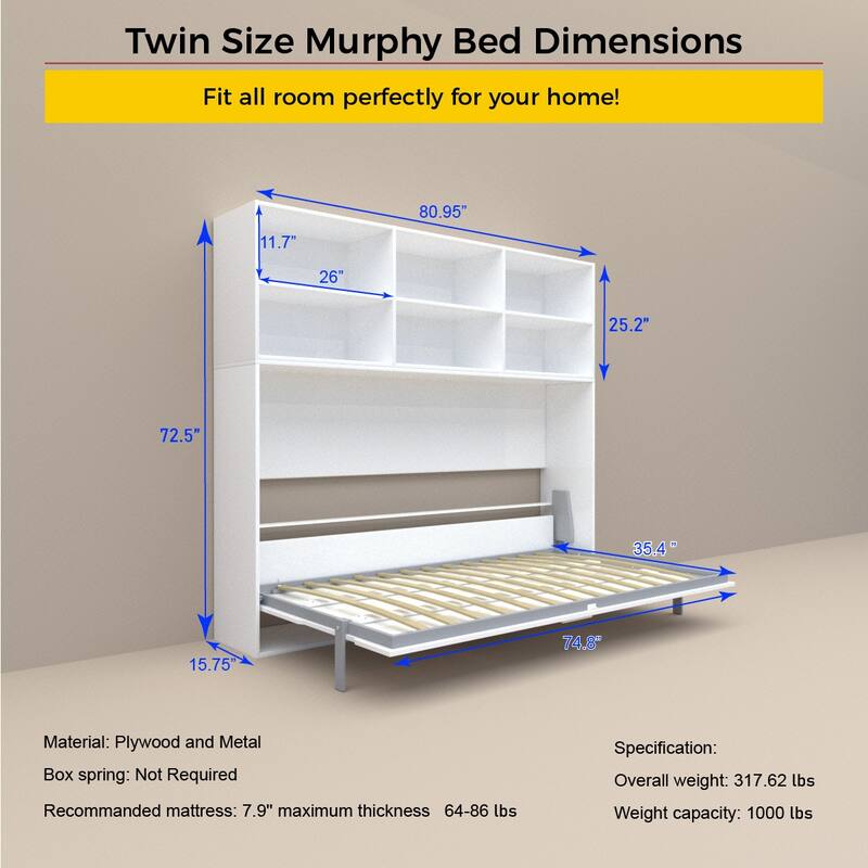Space-Saving Twin Size Murphy Bed with Shelf Storage, White, Modern Design, Gas Struts