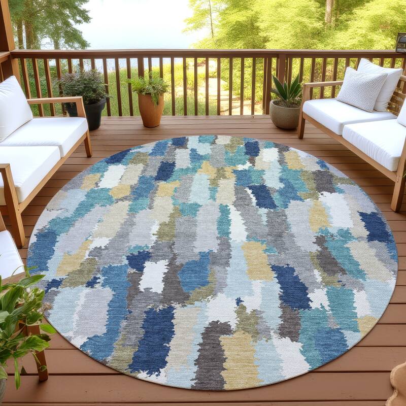 Machine Washable Indoor/ Outdoor Contemporary Stacks Chantille Rug - Teal - 8' x 8'