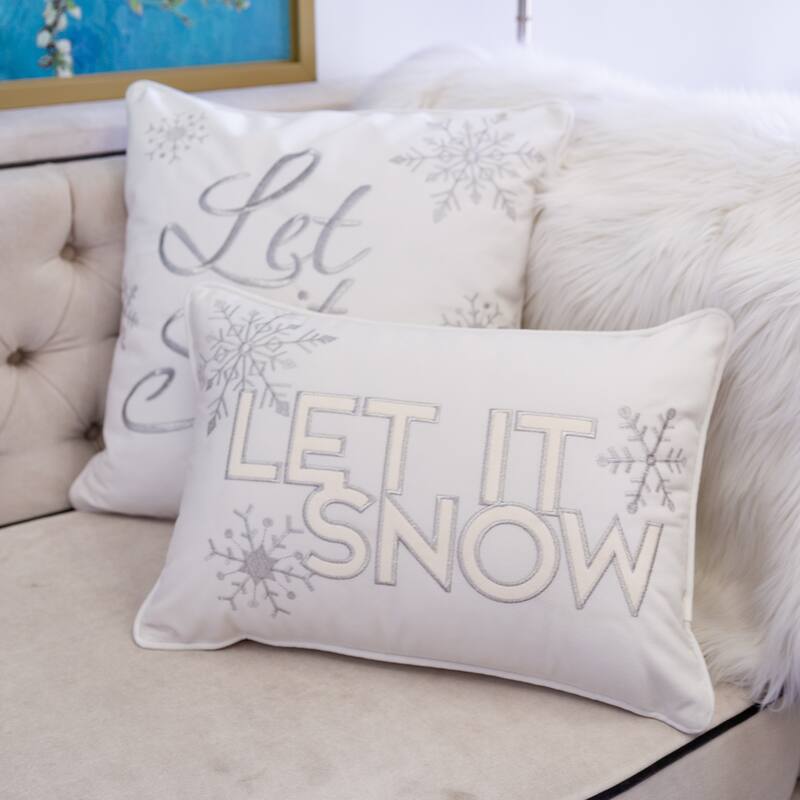 Velvet Lumbar Pillow with Snowflake Embroidery Let It Snow Design and Insert 14x20