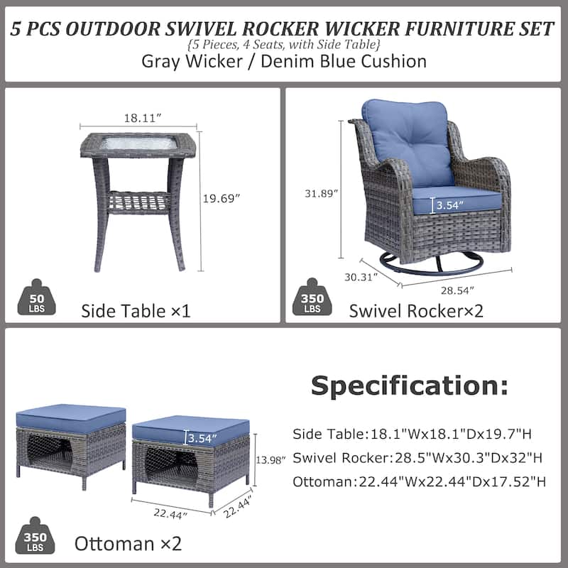 5 Piece Patio Furniture Set-Wicker Patio Swivel Chair Set with Ottoman