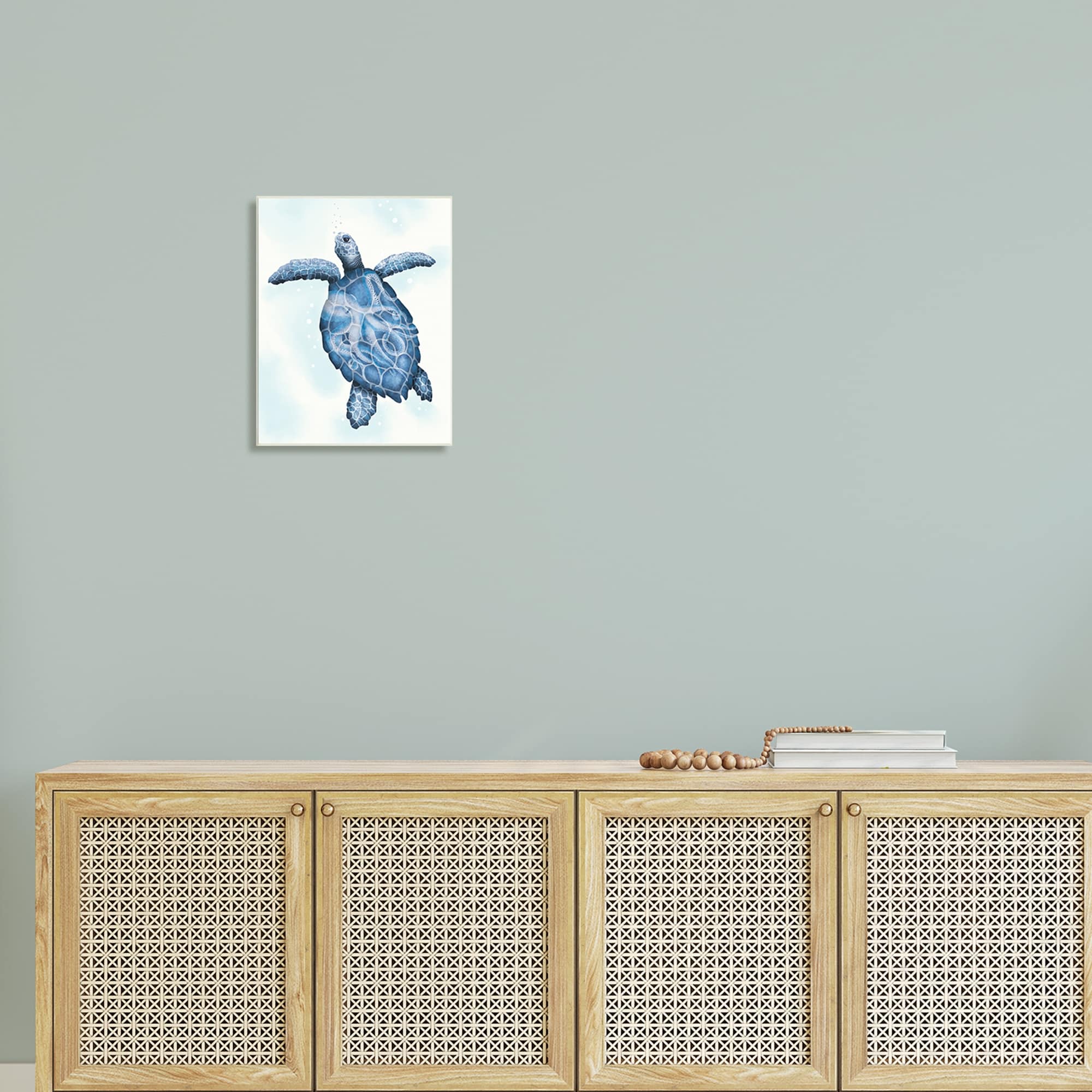 Stupell Swimming Blue Sea Turtle Patterned Tentacles Shell Wood Wall Art,-image