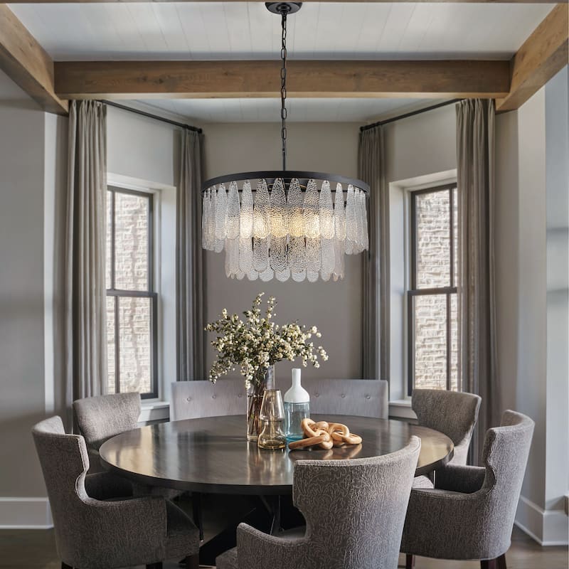 5/6-Light Vintage Textured Glass Chandelier Matte Black Rustic Art Glass Hanging Light