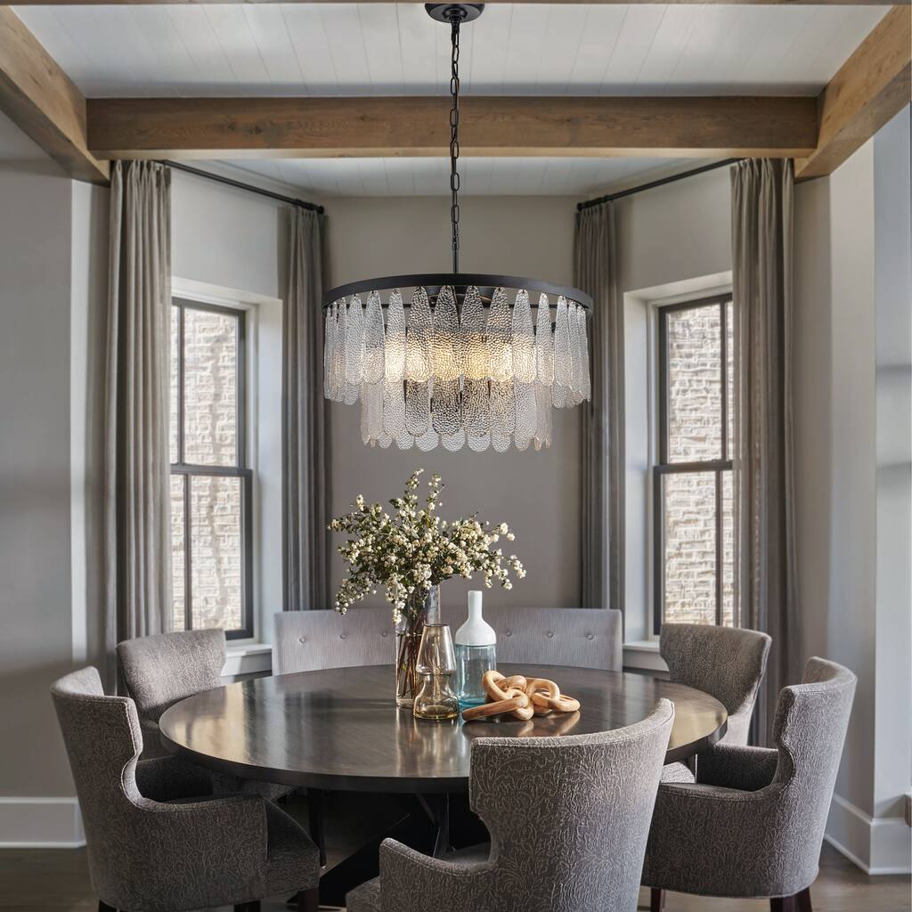 Vintage Textured Glass Chandelier Matte Black Rustic Art Glass Hanging Light