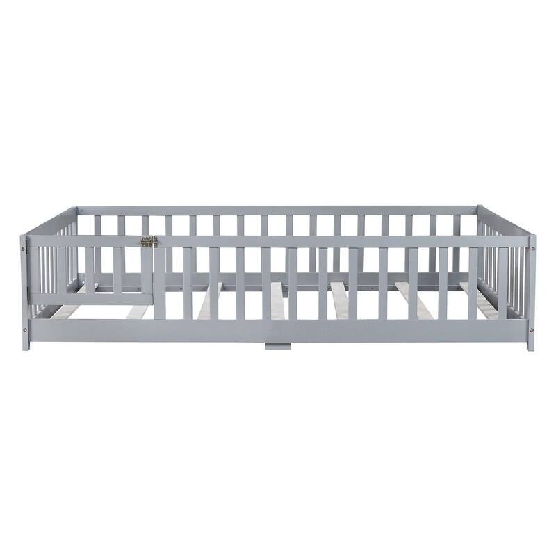 Twin/Full/Queen Size Floor Bed with Fence Guardrails and Door, Rubber Wood Toddler Bed Montessori Bed with Slats Support