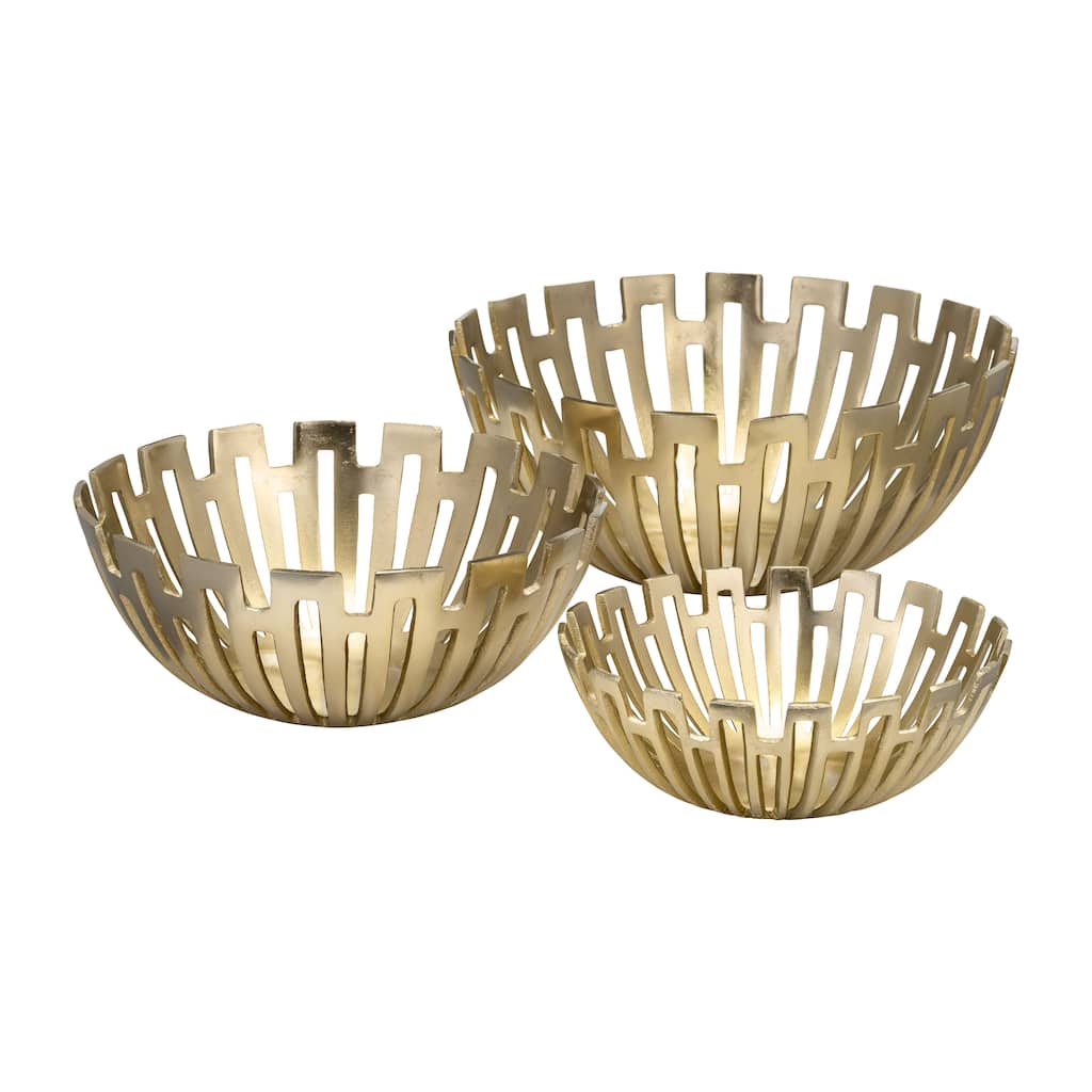 Set of 3 Metal Bowls Contemporary Abstract Glam Coastal Cut-Out Metallic Gold Bowl Set 11", 14", 16" Decorative Bowls