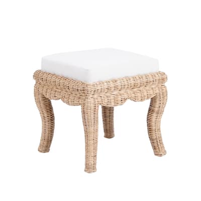 Praerie 19.7" Woven Rattan/Wood Vanity Stool, White Cushion with Natural Frame, by JONATHAN Y - 19.68"