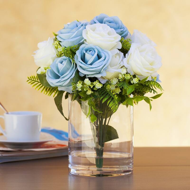 Enova Home Artificial 18 Heads Silk Roses Fake Flowers in Clear Glass Vase with Faux Water for Home Decoration