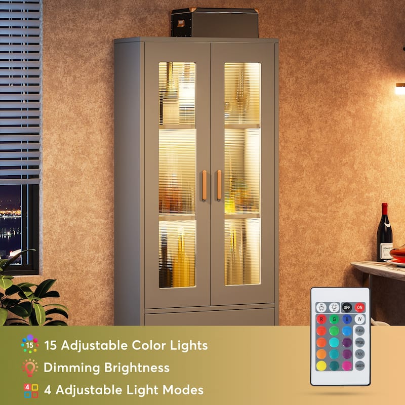 Tall Bookcase Bookshelf Storage Cabinet With Doors and LED Light