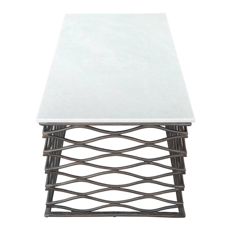 HomeRoots 50" White and Antiqued Bronze Genuine Marble and Aluminum Abstract Coffee Table - 50.00 in. x 16.30 in. x 22.00 in.