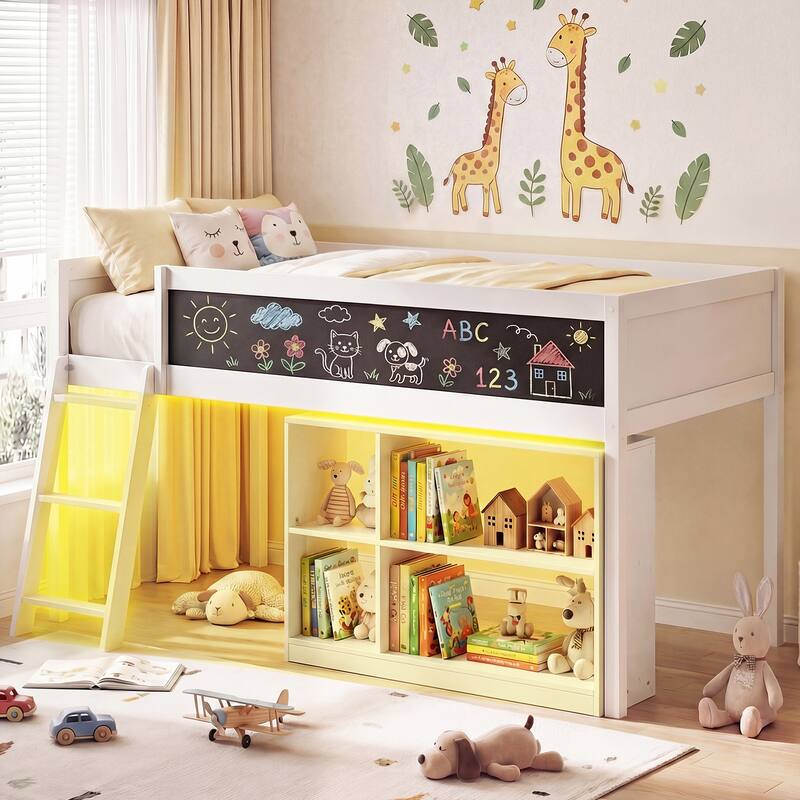 Gymax Kids Loft Bed w/LED Lights Chalkboard & Removable Bookcase