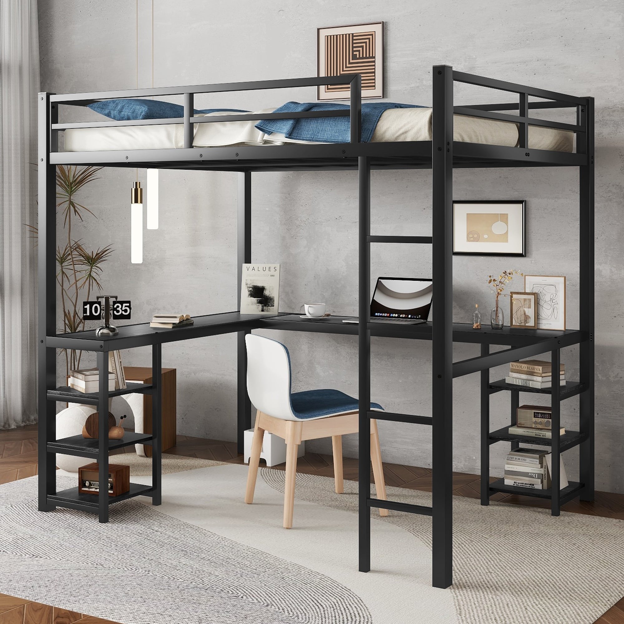 Full Size Metal Loft Bed with Desk and Shelves, Kids Bed Frame with Ladder and Guardrails for Bedroom