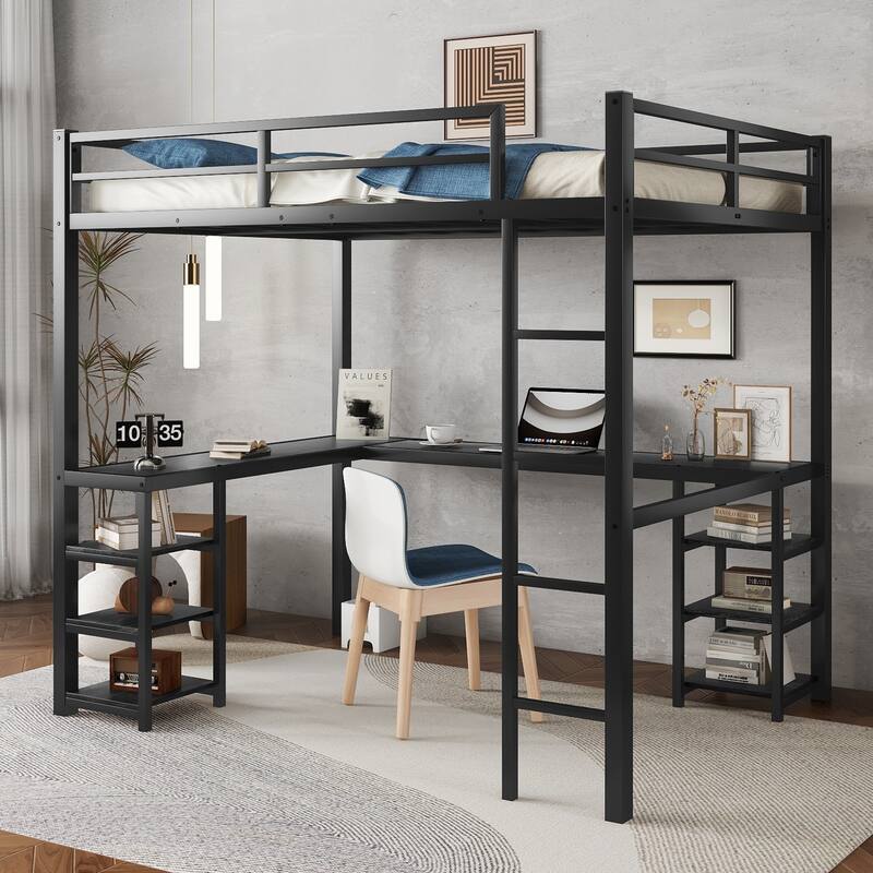 Full Size Metal Loft Bed with Desk and Shelves, Ladder, and Guardrails - Full - Black