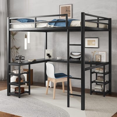 Metal Size Loft Bed with Desk and Shelves, Loft Bed with Ladder and Guardrails, Loft Bed Frame for Bedroom