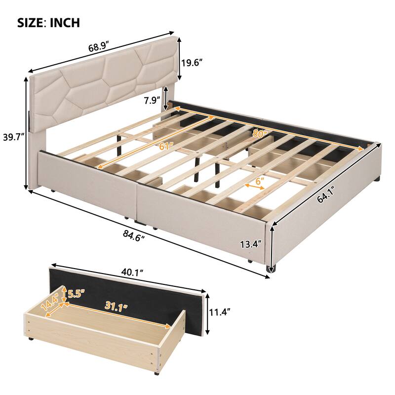 Queen Size Upholstered Platform Bed with Heardboard Drawers