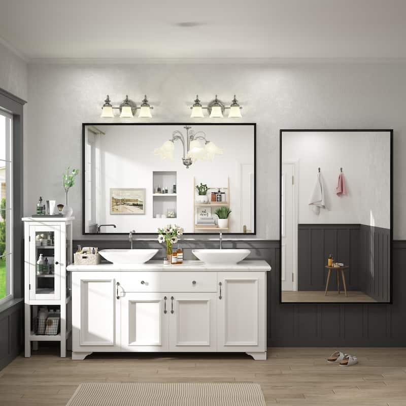 Full Size Metal Frame Wall Mirror Black Tempered Glass for Bathroom