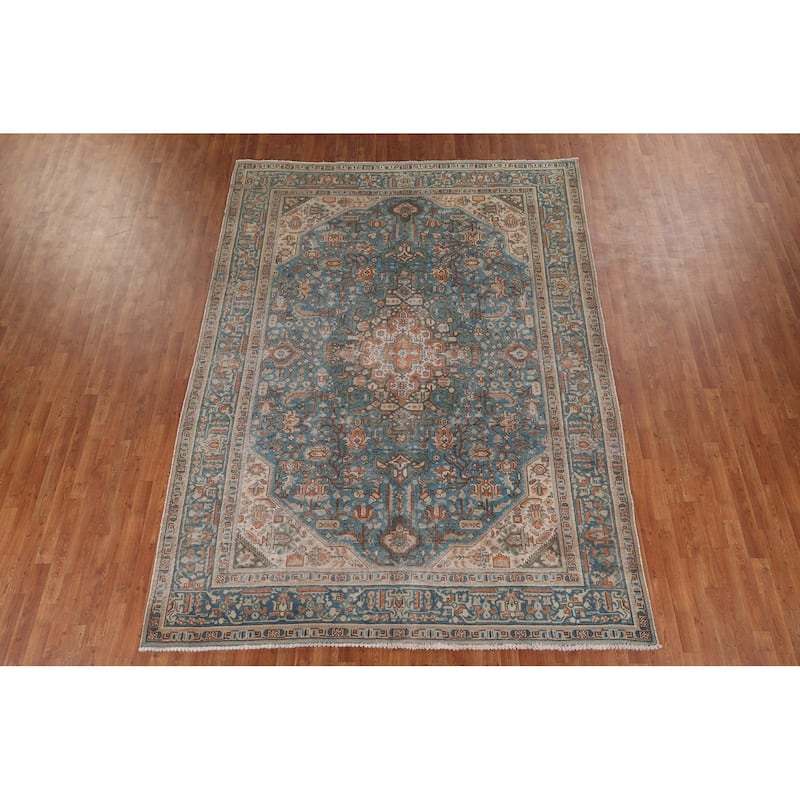 Blue Distressed Tabriz Vintage Persian Rug Hand-Knotted Wool Carpet - 8'1" x 11'2"