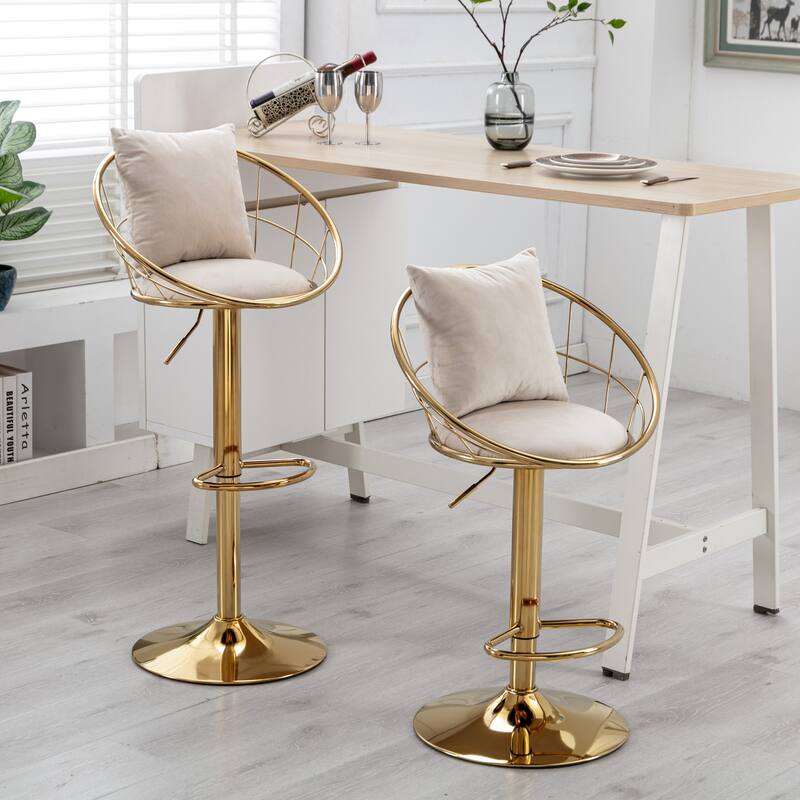 Off White Kitchen Island Bar Stools Velvet Bar Chair 360 Degree Rotation Bar Stools with Adjustable Height Set of 2