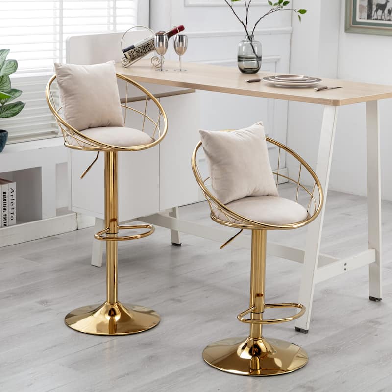 velvet bar chair,pure gold plated,unique design,360 degree rotation,adjustable height,Suitable for dinning room and bar,set of 2