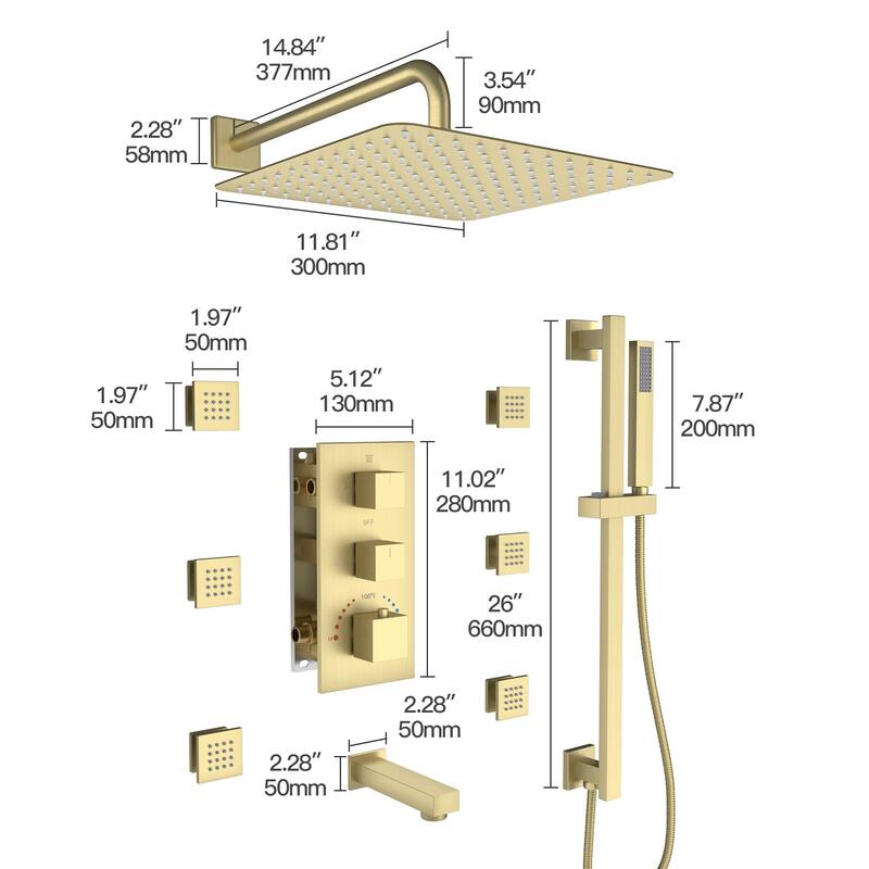 Thermostatic 3-Spray 12 in. Wall Mount Fixed and Handheld Dual Shower Head 2.5 GPM with 6-Body Jets and Adjustable Slide Bar