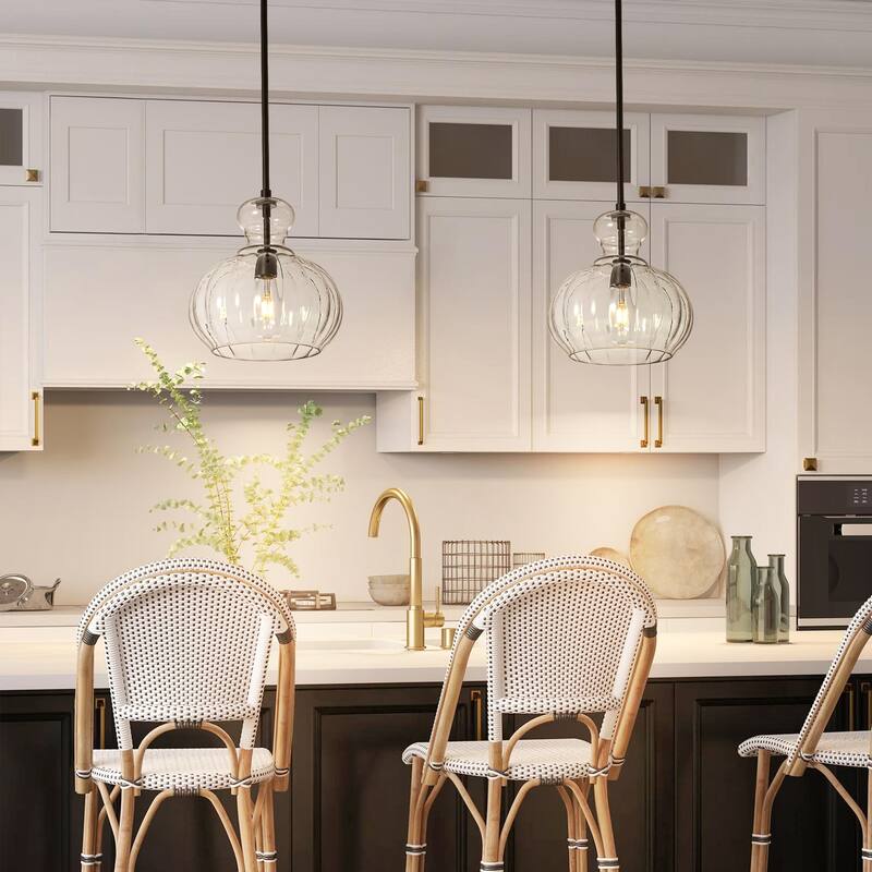 1-Light Modern Black/Gold Dome Textured Clear Glass Pendant Lights