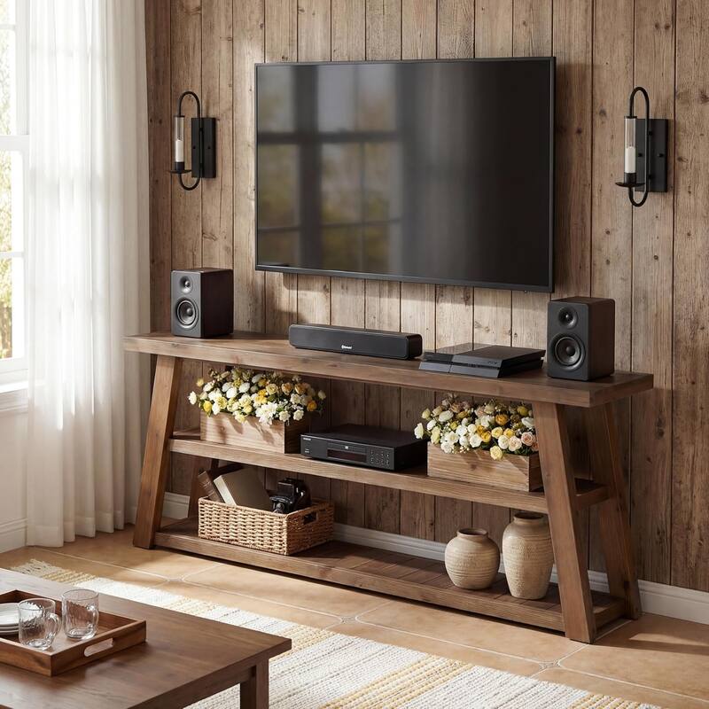 63" 3-Tier Solid Wood TV Stand, Rustic Entertainment Center for Living Room - Brown