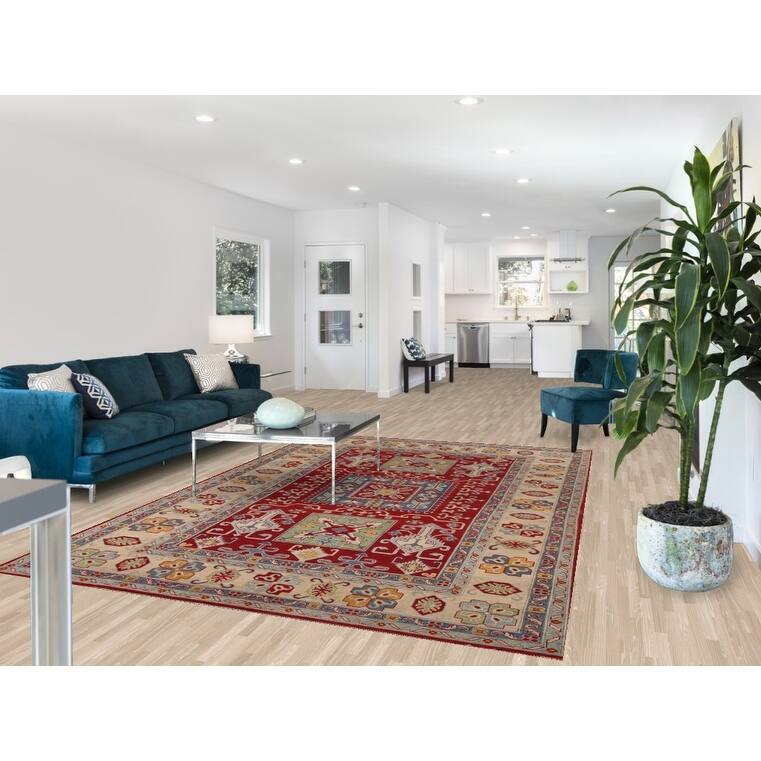 Geometric Red Kazak Area Rug Handmade Oriental Wool Carpet - 6'8" x 9'9"